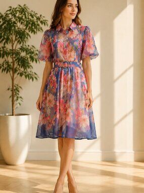 Blue Red Floral Midi Dress